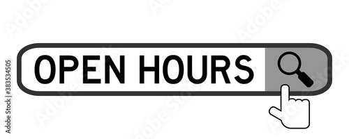 Search banner in word open hours with hand over magnifier icon on white background