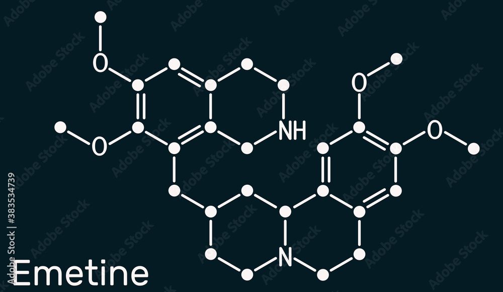 Emetine molecule. It is an antiprotozoal agent and emetic. Skeletal chemical formula on the dark blue background