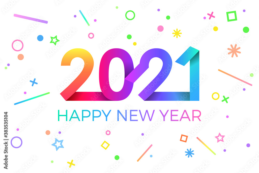 2021 Happy New Year. Paper Memphis geometric bright style for holidays flyers, greetings, invitations, Happy New Year or Merry Christmas cards. Holiday background, poster, banner. Vector Illustration. 2021 Happy New Year. Paper Memphis geometric bright style for holidays flyers, greetings, invitations, Happy New Year or Merry Christmas cards. Holiday background, poster, banner. Vector Illustration.