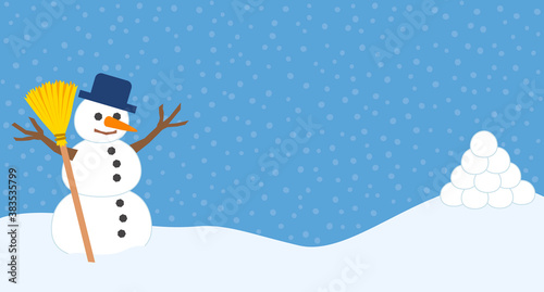 Snowman and pile of snowballs for snowball fight and winter fun. Comic vector illustration on snowflakes background.
