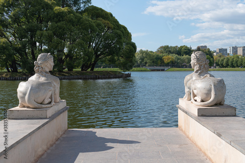 Sphinxes at the pier of the pond. Tsaritsyno Park