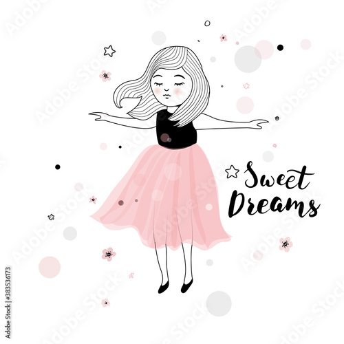 Cute little girl dreams,  posters for baby room, greeting cards, kids and baby t-shirts and wear, hand drawn nursery illustration