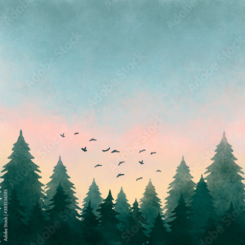Watercolor illustration of a forest landscape at sunset