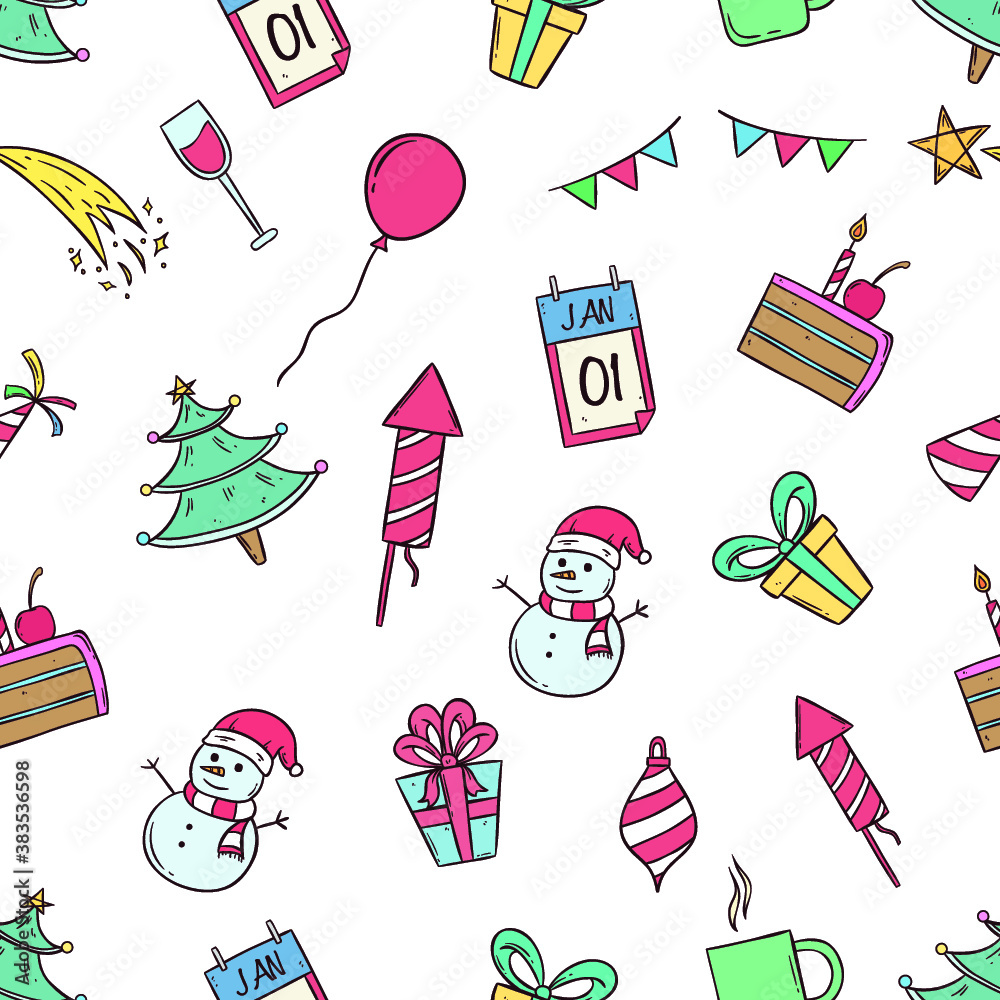 doodle christmas icons in seamless pattern