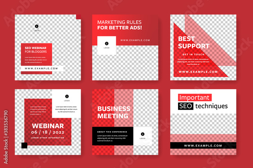 Modern business set of social post templates with red overlays. Square graphic design for social media websites. Layout for digital marketing advertisement