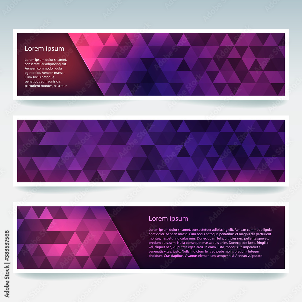Horizontal banners set with pink, purple polygonal triangles. Polygon background, vector illustration