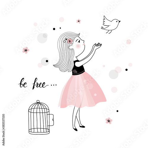Cute little girl with bird and quotes, posters for baby room, greeting cards, kids and baby t-shirts and wear, hand drawn nursery illustration