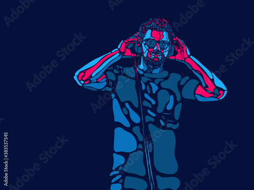DJ, party time. Singer, musician, artist man character. Abstract color illustration, line modern design. Contemporary artwork, copyspace. Concept of music, hobby, dance festival and holidays