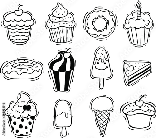 set of hand draw cupcakes and ice cream