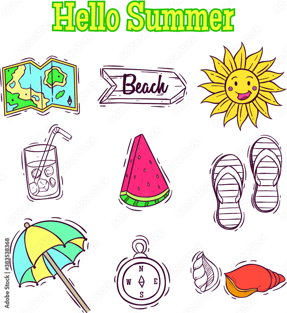 set of doodle summer icons