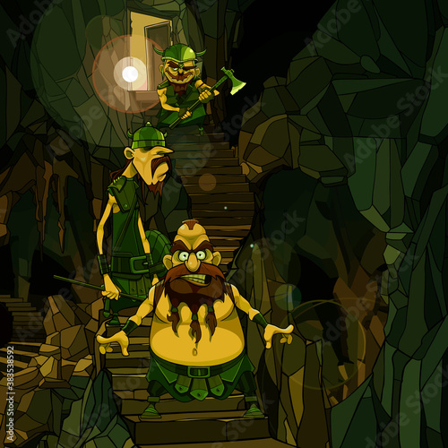 three cartoon armed viking warriors descend the stairs in a stone dungeon