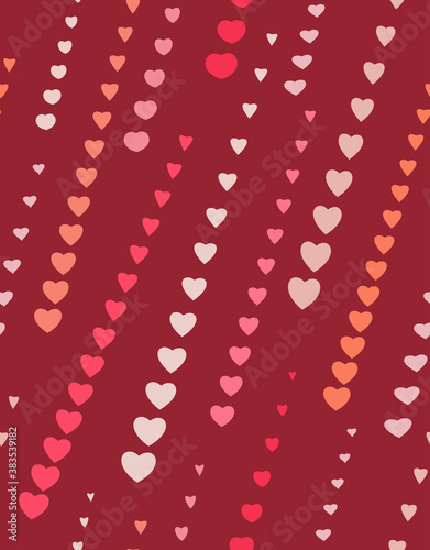 Seamless pattern of heart arrows strokes. Abstract texture. Heart rain, heart arrow, eyewater loving cardiac theme. Orange, pink shapes on red colored background. Vector