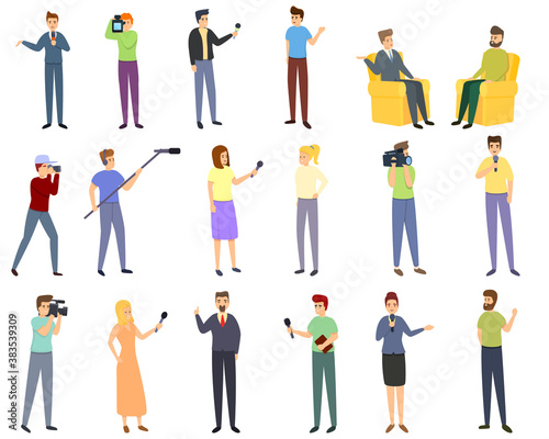 Reportage icons set. Cartoon set of reportage vector icons for web design