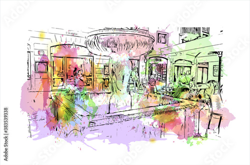 Building view with landmark of Bergamo is a city in the alpine Lombardy region of northern Italy. Watercolor splash with hand drawn sketch illustration in vector.