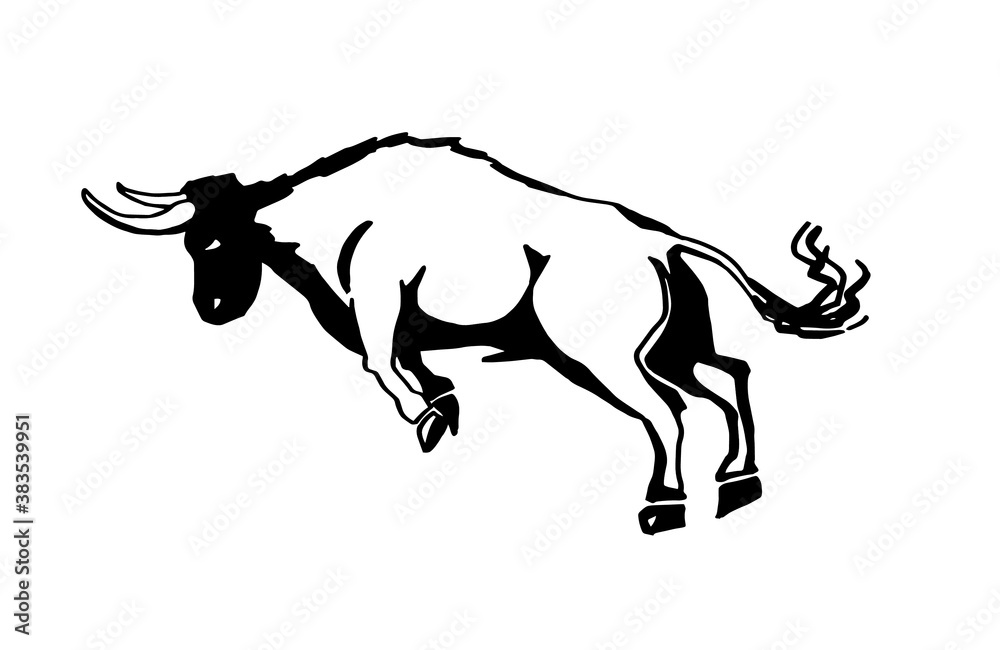 Graphical ox jumping isolated on white background, vector ink pen illustration, mammal animal