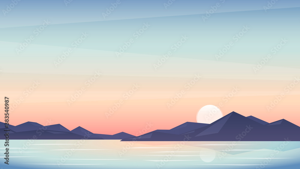 Illustration of a beautiful sunset, landscape with mountains