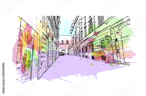 Building view with landmark of Bergamo is a city in the alpine Lombardy region of northern Italy. Watercolor splash with hand drawn sketch illustration in vector.