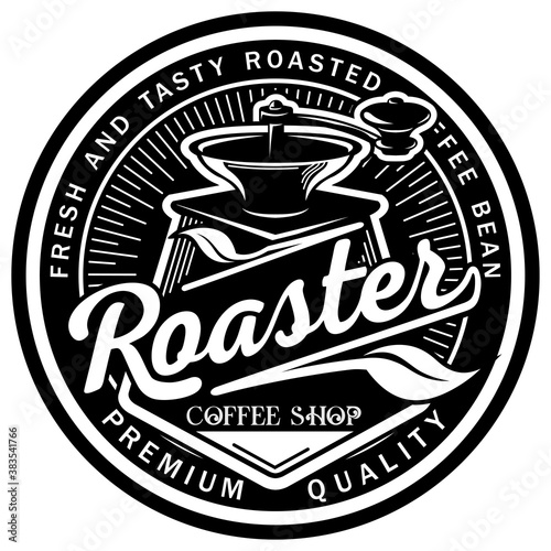 Vintage Coffee logo-vector illustration,typography style,roasting machine.Brand identity or emblem.