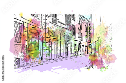 Building view with landmark of Bergamo is a city in the alpine Lombardy region of northern Italy. Watercolor splash with hand drawn sketch illustration in vector.