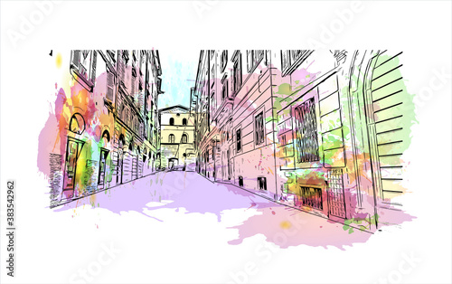 Building view with landmark of Bergamo is a city in the alpine Lombardy region of northern Italy. Watercolor splash with hand drawn sketch illustration in vector.