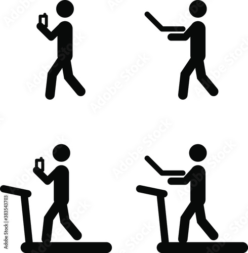 People icons: walk and work with smart phone and laptop, on a treadmill even.