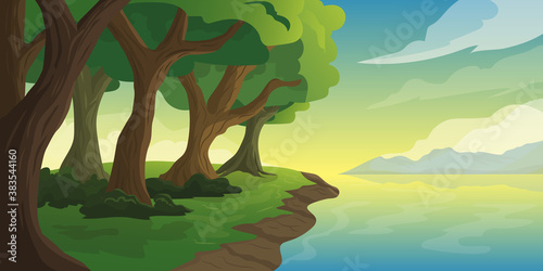 natural illustration on the coast of the island with lots of trees with views of sunrise, mountains and sea backgrounds