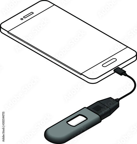 A USB On-The-Go (OTG) cable attached to a mobile phone to enable the connection of a USB thumb drive.