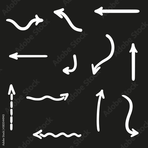 White infographic elements on isolated black background. Hand drawn wavy arrows. Black and white illustration