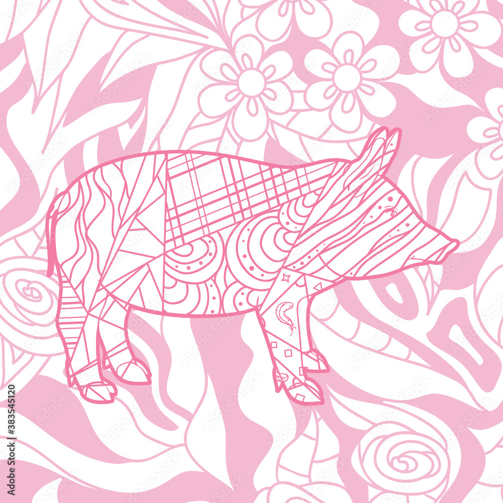 Square pattern on white. Hand drawn ornate pig. Design for spiritual relaxation for adults