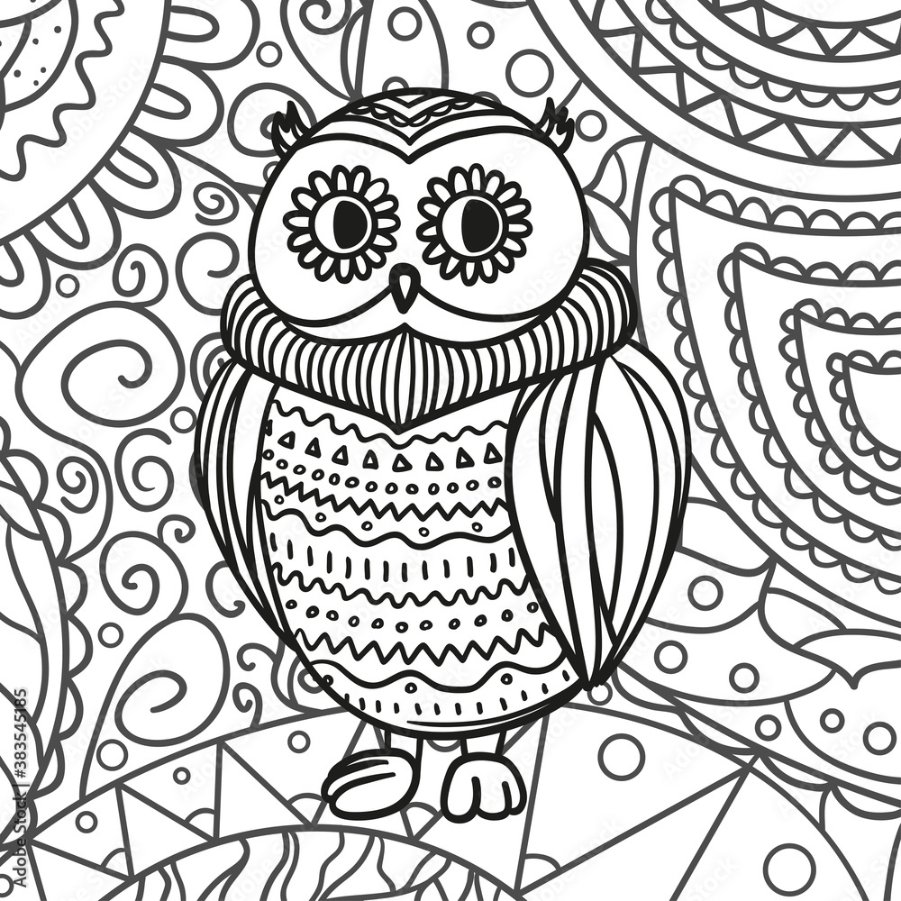 Square ornate pattern with owl. Hand drawn background. Black and white illustration Square ornate pattern with owl. Hand drawn background. Black and white illustration