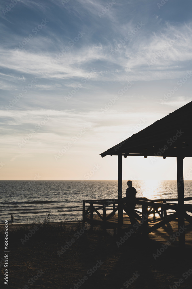  Silueta a contraluz de una mujer mirando la puesta de sol en la playa
