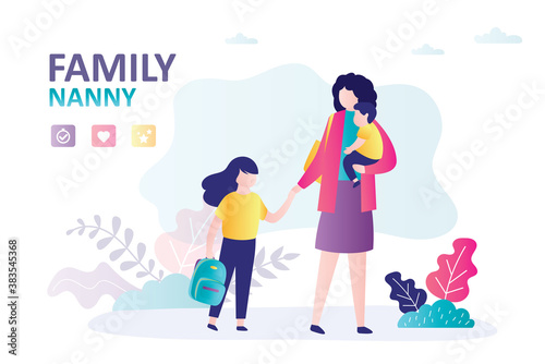 Babysitter with children walks in park. Babysitting service and family nanny. Mom meets daughter from school. Female character holding little boy