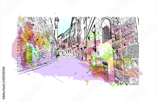 Building view with landmark of Bergamo is a city in the alpine Lombardy region of northern Italy. Watercolor splash with hand drawn sketch illustration in vector.