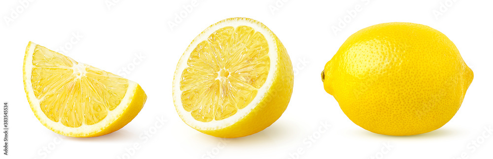 Set of whole, half and slice of lemon fruit isolated on white background - obrazy, fototapety, plakaty 