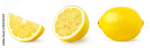 Photographie Set of whole, half and slice of lemon fruit isolated on white background