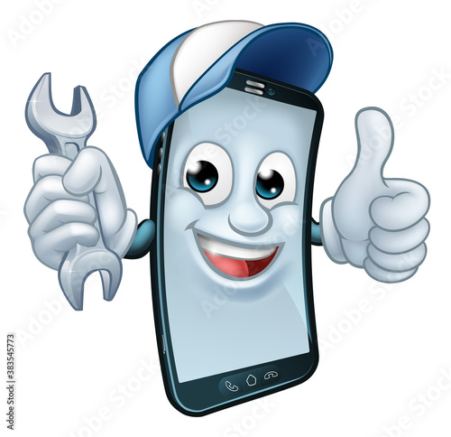 A mobile phone repair service or perhaps plumber or mechanic app cartoon character mascot holding spanner and giving a thumbs up.