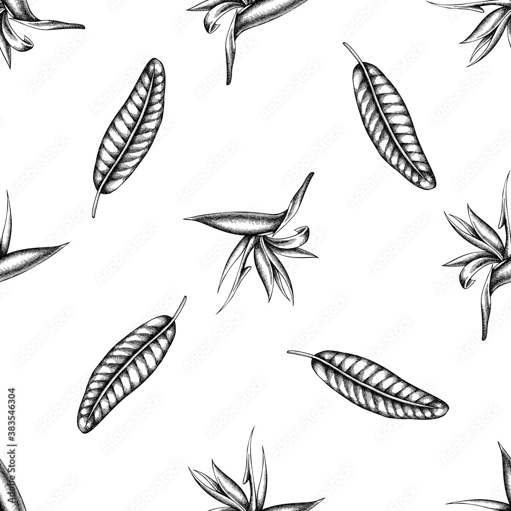Seamless pattern with black and white strelitzia Seamless pattern with black and white strelitzia