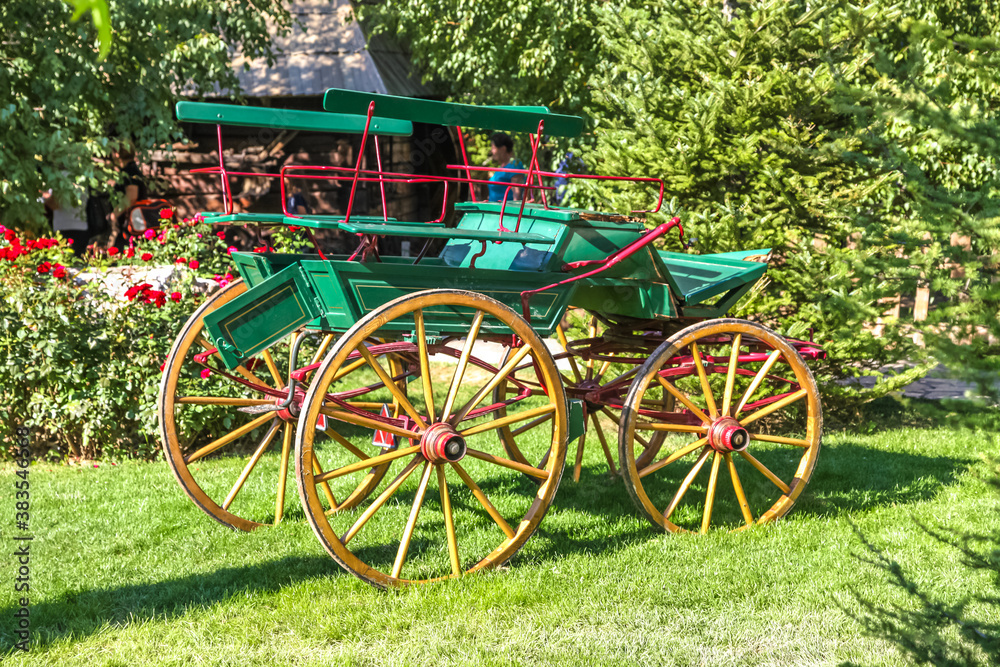 A horse-drawn carriage in beautiful colors