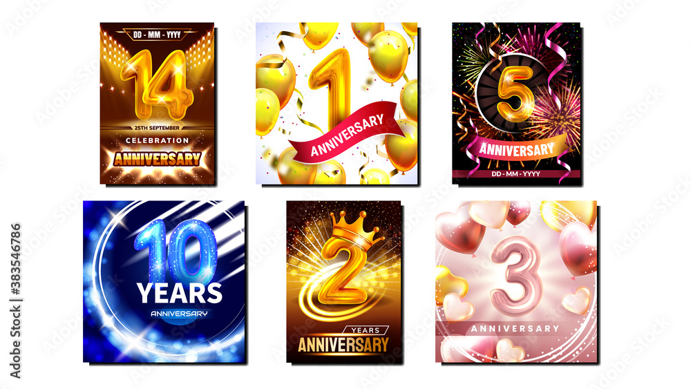 Anniversary Collection Promo Posters Set Vector. Inflatable Numbers, Air Balloons And Confetti On Anniversary Birth Different Advertising Marketing Banners. Style Color Concept Template Illustrations