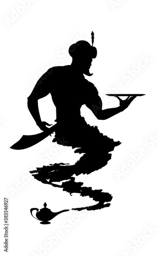 Silhouette helpful genie from Arabic lamp. Detailed contour black. Vector isolated illustration