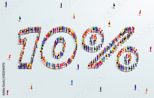 Number 10 Percent. Large group of people form to create a shape 10%. Special Offer Sale Design. Vector Illustration of advertising banner.