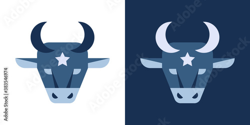 Ox bull head flat blue icon. Symbol of 2021 in the new year. Vector image of a cow with star. Style sign for web design, logo and mobile apps.