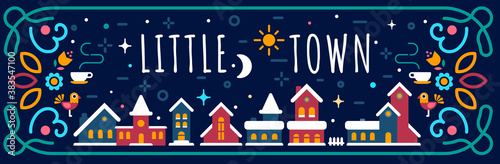 Vector geometric illustration of winter town with flower frame and header on dark background.