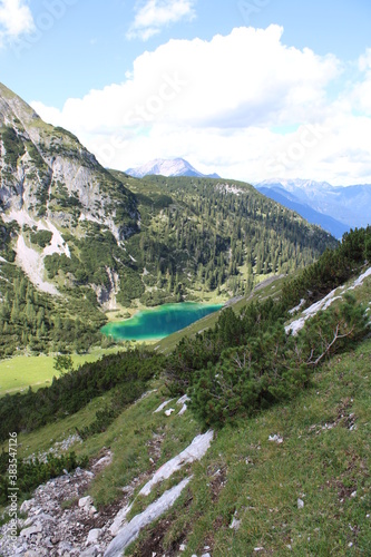 Turquoise shining Seebensee in the Austrian Alps close to Ehrwald in Tyrol 