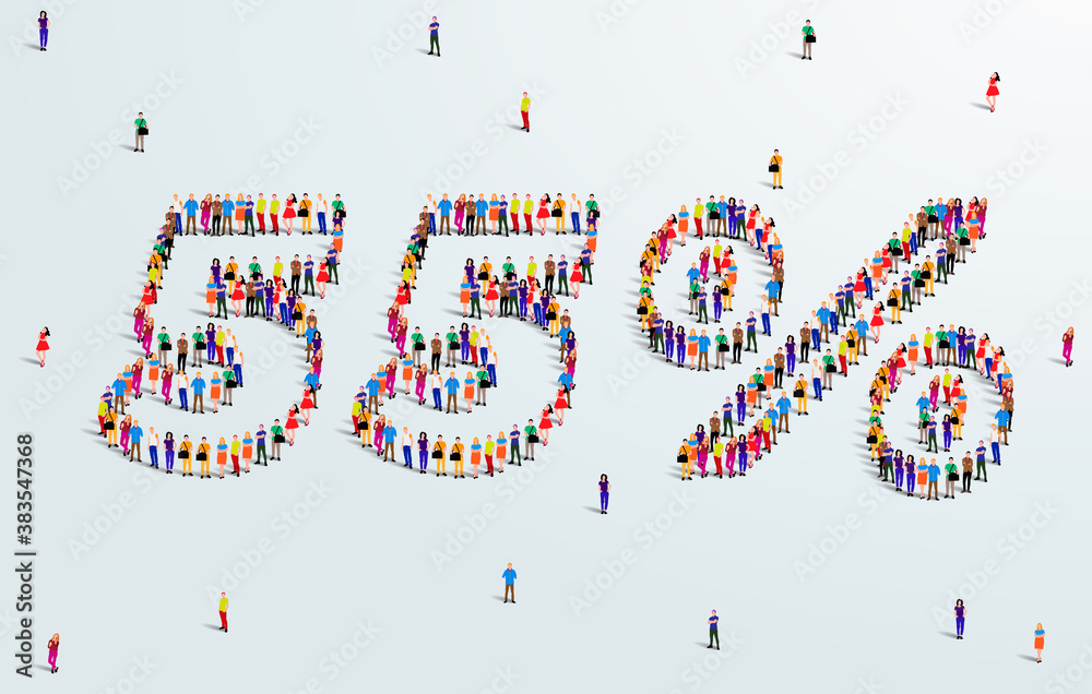 Number 55 Percent. Large group of people form to create a shape 55%. Special Offer Sale Design. Vector Illustration of advertising banner. Number 55 Percent. Large group of people form to create a shape 55%. Special Offer Sale Design. Vector Illustration of advertising banner.