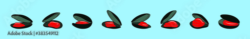 Seafood mussel, ocean delicacy food cartoon icon design template with various models isolated on blue background