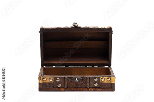 Open empty wooden treasure chest. Isolated on white background. 