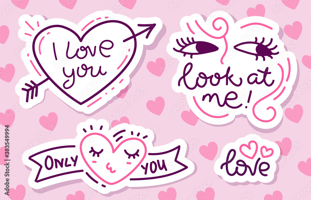 Vector romantic set of illustration with heart and word love on pink color background.
