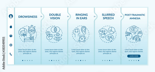 Head trauma onboarding vector template. Drowsiness and sleepiness. Double vision. Brain health care. Responsive mobile website with icons. Webpage walkthrough step screens. RGB color concept
