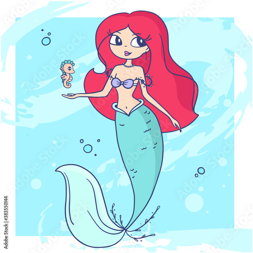 Vector illustration of little mermaid with red color hair and fish tail with sea horse on blue water background with frame.